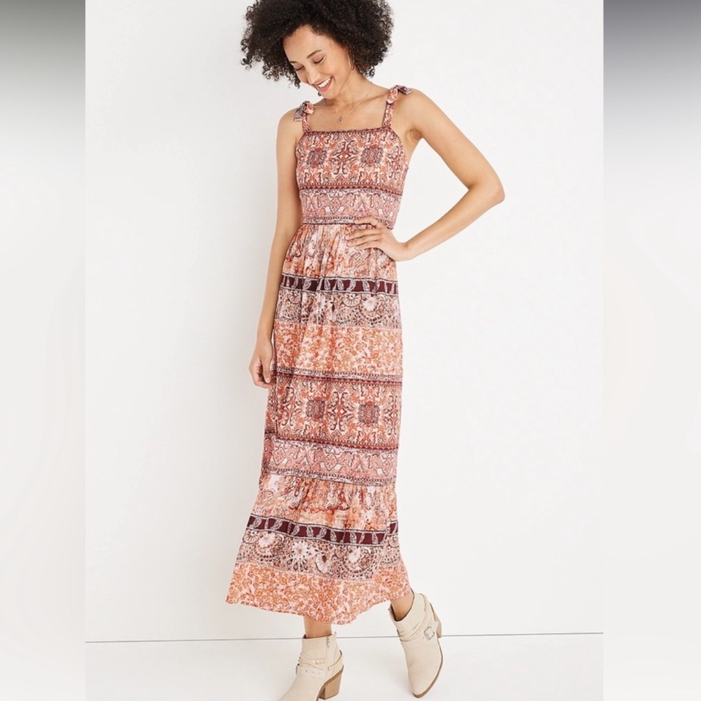 Maurices Bohemian Smocked Tiered Maxi Dress With Shoulder Ties